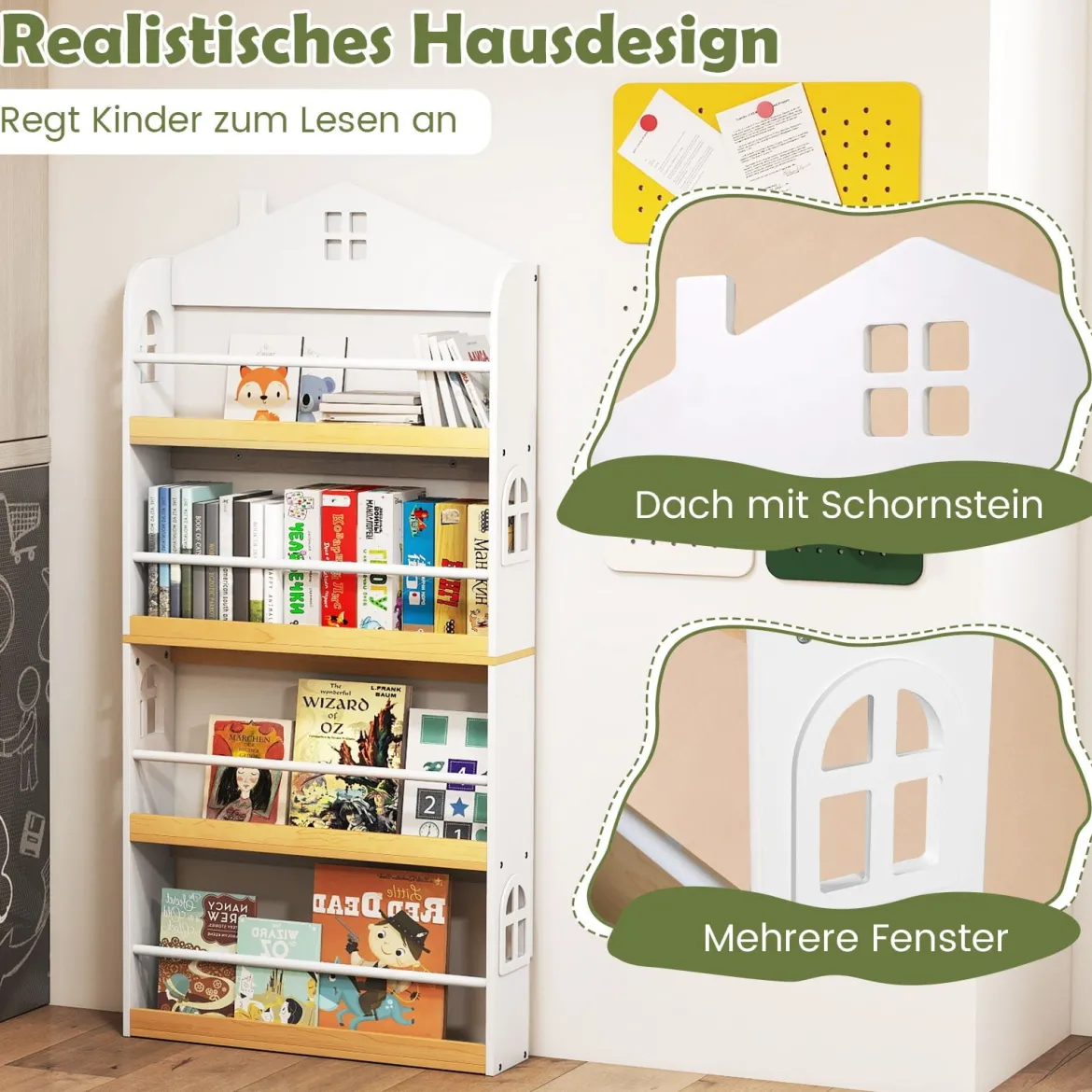 Kinderbücherregal in Hausform mit Anti-Fall-Schutz & Metallstangen Montessori Kinderregal