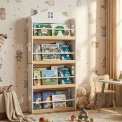 Kinderbücherregal in Hausform mit Anti-Fall-Schutz & Metallstangen Montessori Kinderregal