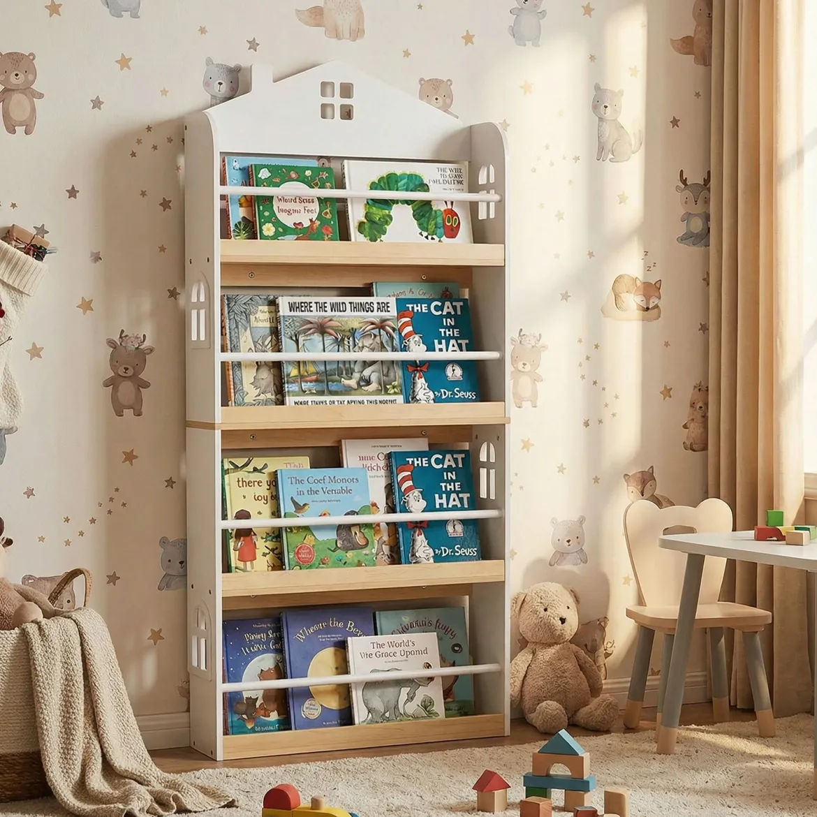 Kinderbücherregal in Hausform mit Anti-Fall-Schutz & Metallstangen Montessori Kinderregal