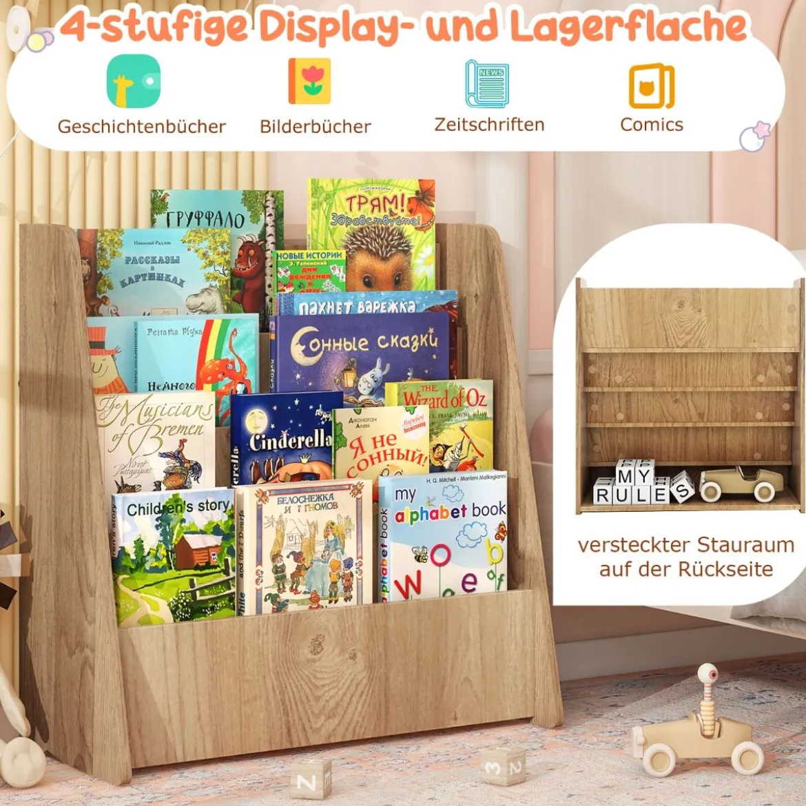 Kinder Bücherregalmit 4 Ablagefächern Kinderregal Zeitschriftenständer bücherständer