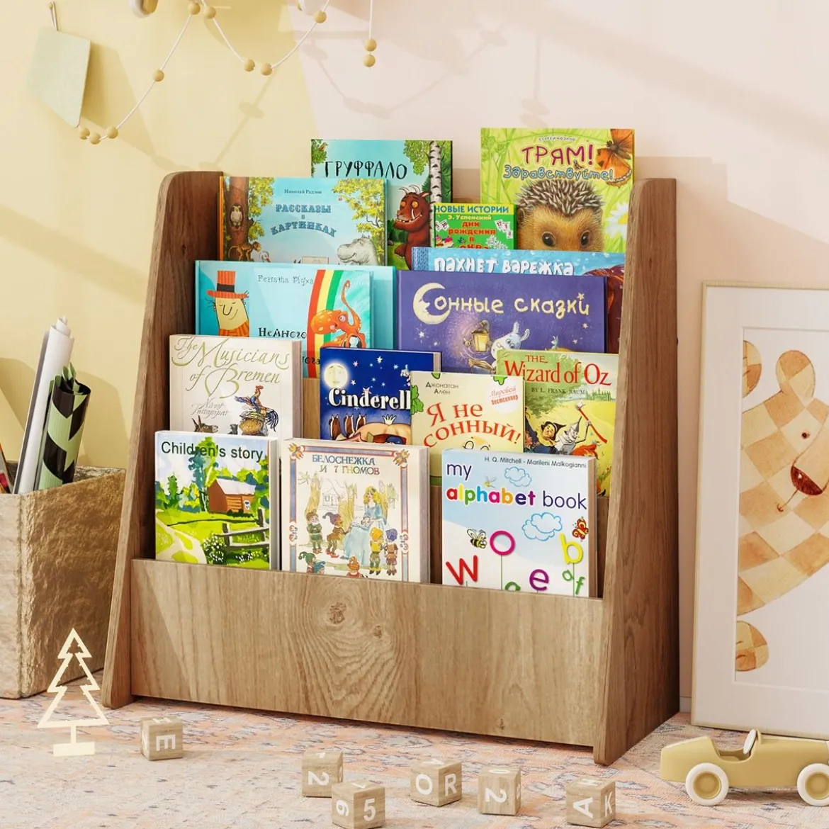 Kinder Bücherregalmit 4 Ablagefächern Kinderregal Zeitschriftenständer bücherständer