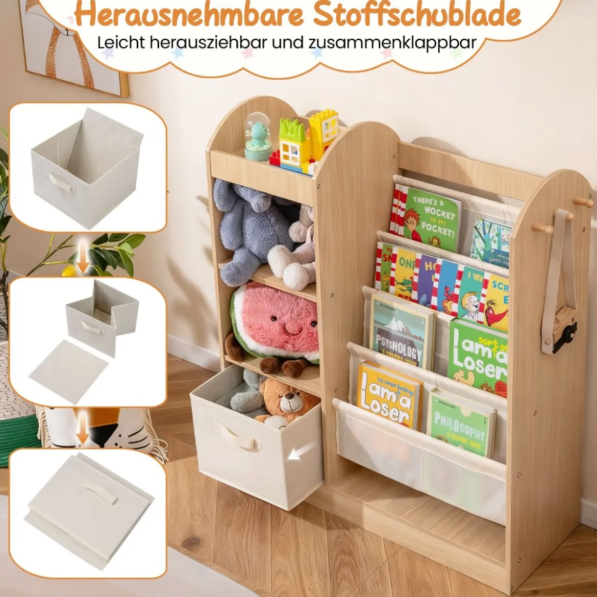 Kinder Bücherregal mit Ganzkörperspiegel Spielzeugaufbewahrungsorganizer mit 4-lagigen Sling-Regalen Natur