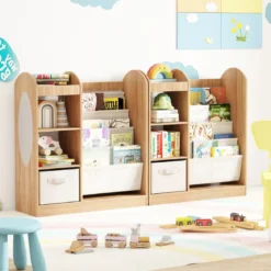 Kinder Bücherregal mit Ganzkörperspiegel Spielzeugaufbewahrungsorganizer mit 4-lagigen Sling-Regalen Natur