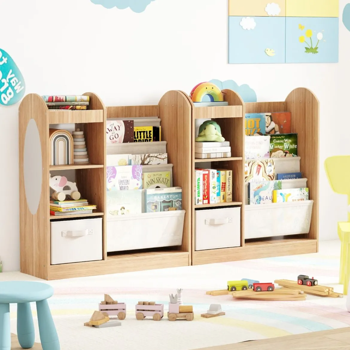 Kinder Bücherregal mit Ganzkörperspiegel Spielzeugaufbewahrungsorganizer mit 4-lagigen Sling-Regalen Natur
