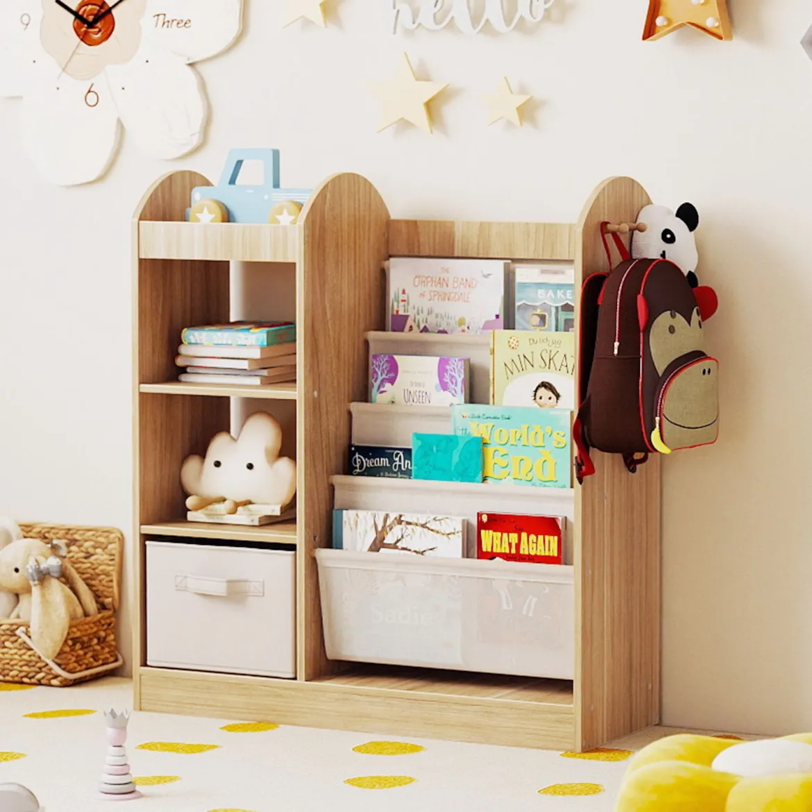 Kinder Bücherregal mit Ganzkörperspiegel Spielzeugaufbewahrungsorganizer mit 4-lagigen Sling-Regalen Natur