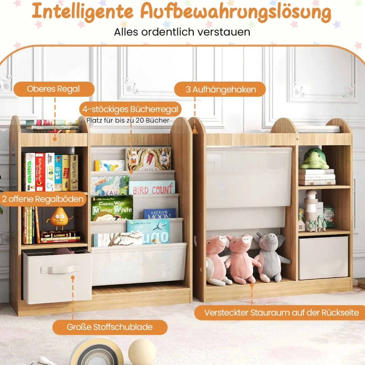 Kinder Bücherregal mit Ganzkörperspiegel Spielzeugaufbewahrungsorganizer mit 4-lagigen Sling-Regalen Natur