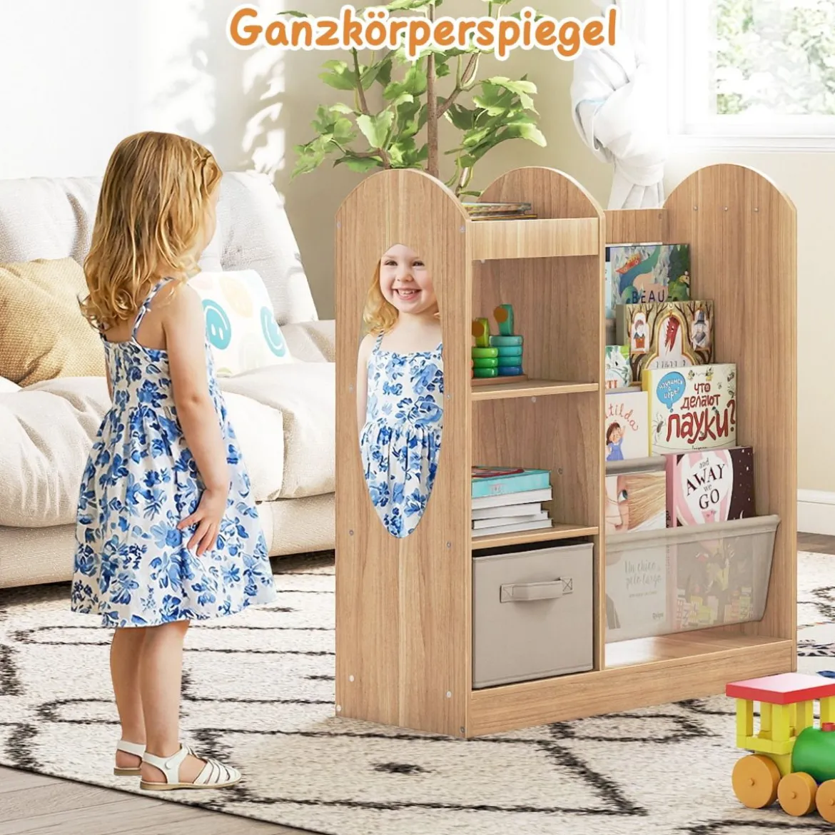 Kinder Bücherregal mit Ganzkörperspiegel Spielzeugaufbewahrungsorganizer mit 4-lagigen Sling-Regalen Natur