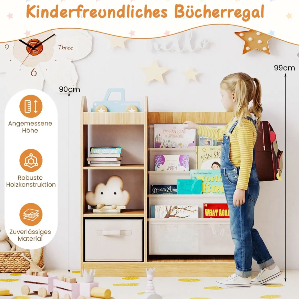 Kinder Bücherregal mit Ganzkörperspiegel Spielzeugaufbewahrungsorganizer mit 4-lagigen Sling-Regalen Natur