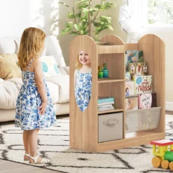 Kinder Bücherregal mit Ganzkörperspiegel Spielzeugaufbewahrungsorganizer mit 4-lagigen Sling-Regalen Natur