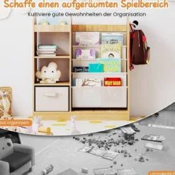 Kinder Bücherregal mit Ganzkörperspiegel Spielzeugaufbewahrungsorganizer mit 4-lagigen Sling-Regalen Natur