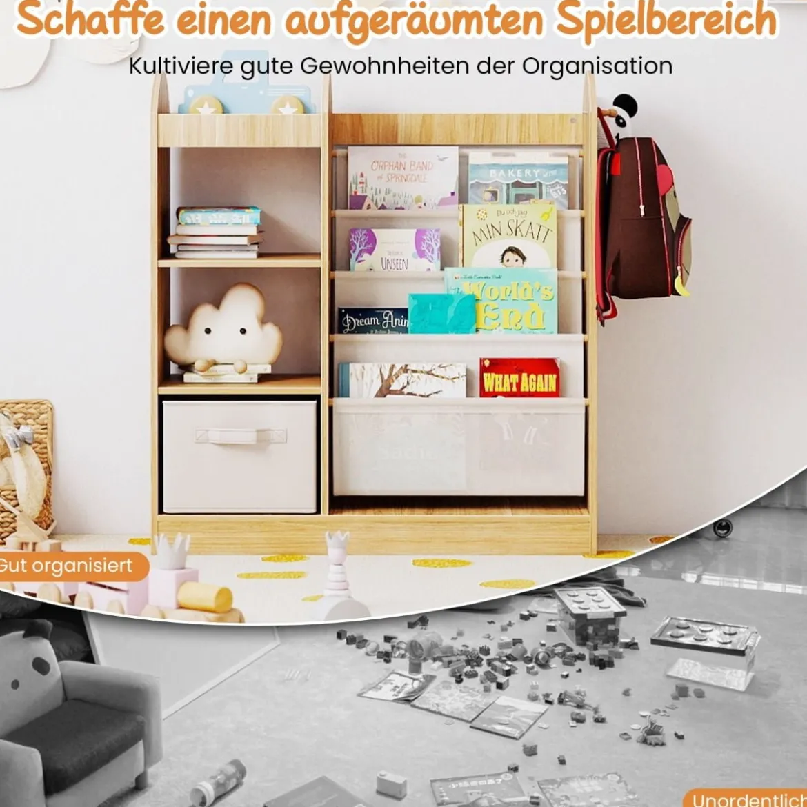 Kinder Bücherregal mit Ganzkörperspiegel Spielzeugaufbewahrungsorganizer mit 4-lagigen Sling-Regalen Natur