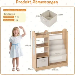 Kinder Bücherregal mit Ganzkörperspiegel Spielzeugaufbewahrungsorganizer mit 4-lagigen Sling-Regalen Natur