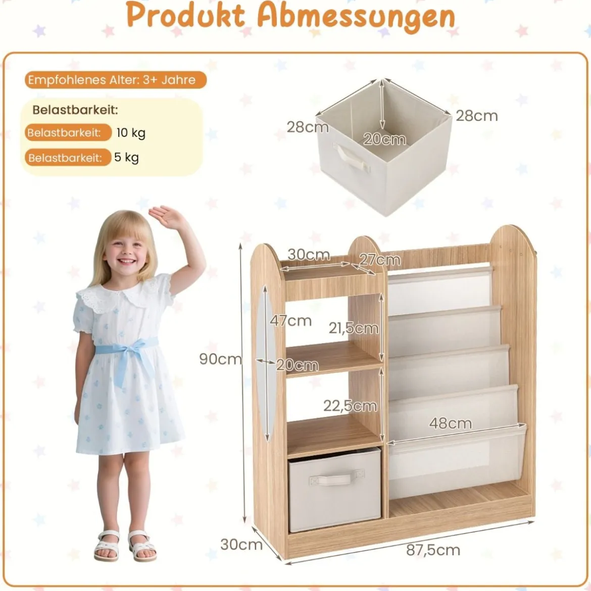 Kinder Bücherregal mit Ganzkörperspiegel Spielzeugaufbewahrungsorganizer mit 4-lagigen Sling-Regalen Natur
