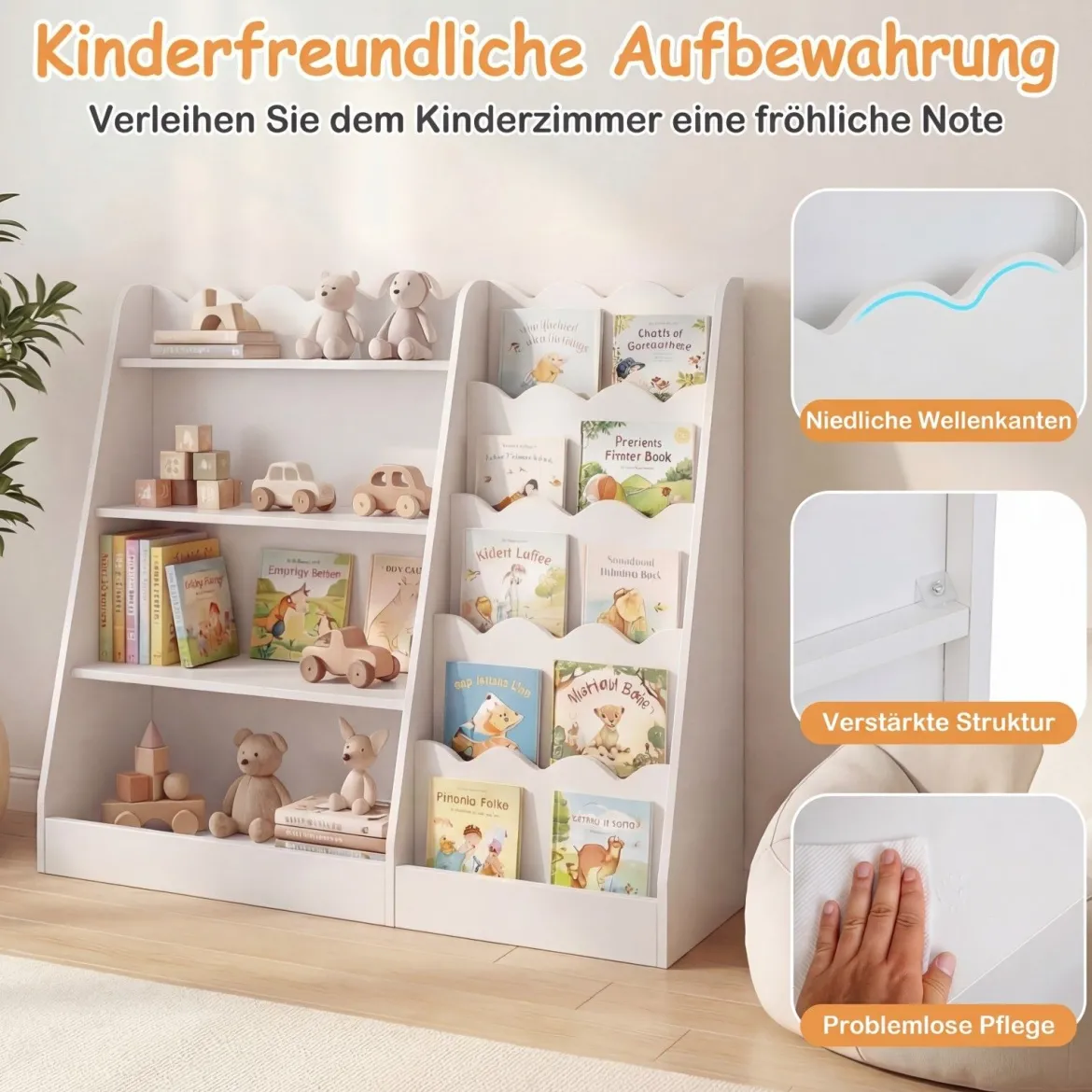 Kinder Bücherregal mit 4 Offenen Ablagen & Versteckem Ablagefach Holz Kinderregal Weiß