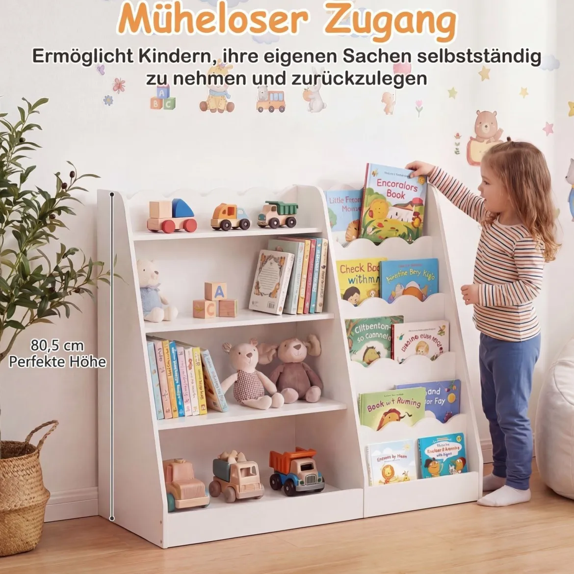 Kinder Bücherregal mit 4 Offenen Ablagen & Versteckem Ablagefach Holz Kinderregal Weiß