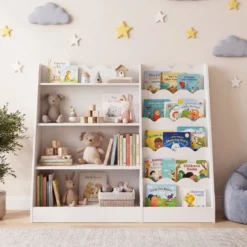 Kinder Bücherregal mit 4 Offenen Ablagen & Versteckem Ablagefach Holz Kinderregal Weiß