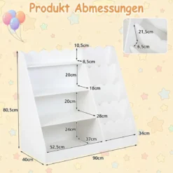 Kinder Bücherregal mit 4 Offenen Ablagen & Versteckem Ablagefach Holz Kinderregal Weiß