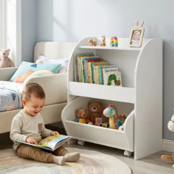 Kinder Bücherregal Spielzeugregal mit Rollbarer Schublade aus Holz mit 2 Offenen Fächern Weiß