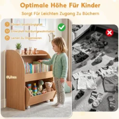 Kinder Bücherregal Spielzeugregal mit Rollbarer Schublade aus Holz mit 2 Offenen Fächern Natur