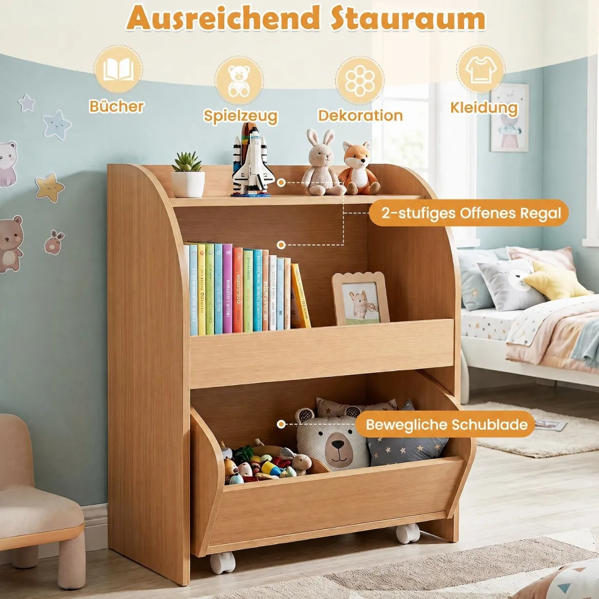 Kinder Bücherregal Spielzeugregal mit Rollbarer Schublade aus Holz mit 2 Offenen Fächern Natur