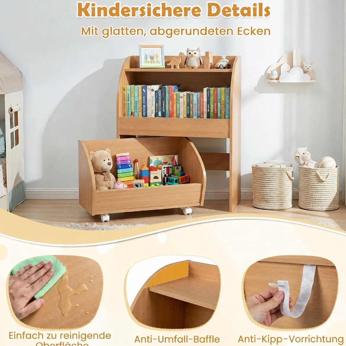 Kinder Bücherregal Spielzeugregal mit Rollbarer Schublade aus Holz mit 2 Offenen Fächern Natur