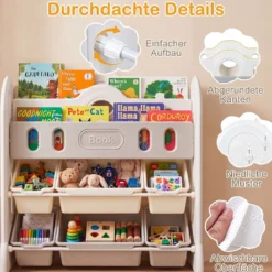 Kinder Bücherregal 4-stufiges Montessori-Spielzeugregal mit 6 Aufbewahrungsboxen