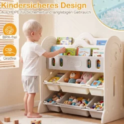Kinder Bücherregal 4-stufiges Montessori-Spielzeugregal mit 6 Aufbewahrungsboxen