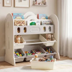 Kinder Bücherregal 4-stufiges Montessori-Spielzeugregal mit 6 Aufbewahrungsboxen