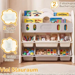 Kinder Bücherregal 4-stufiges Montessori-Spielzeugregal mit 6 Aufbewahrungsboxen