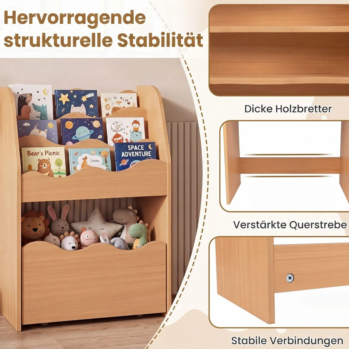 Kinder Bücherregal 3-stufiges Montessori Spielzeugregal aus Holz mit Rollbarer Schublade Natur