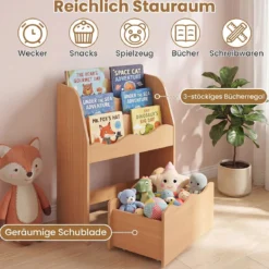 Kinder Bücherregal 3-stufiges Montessori Spielzeugregal aus Holz mit Rollbarer Schublade Natur
