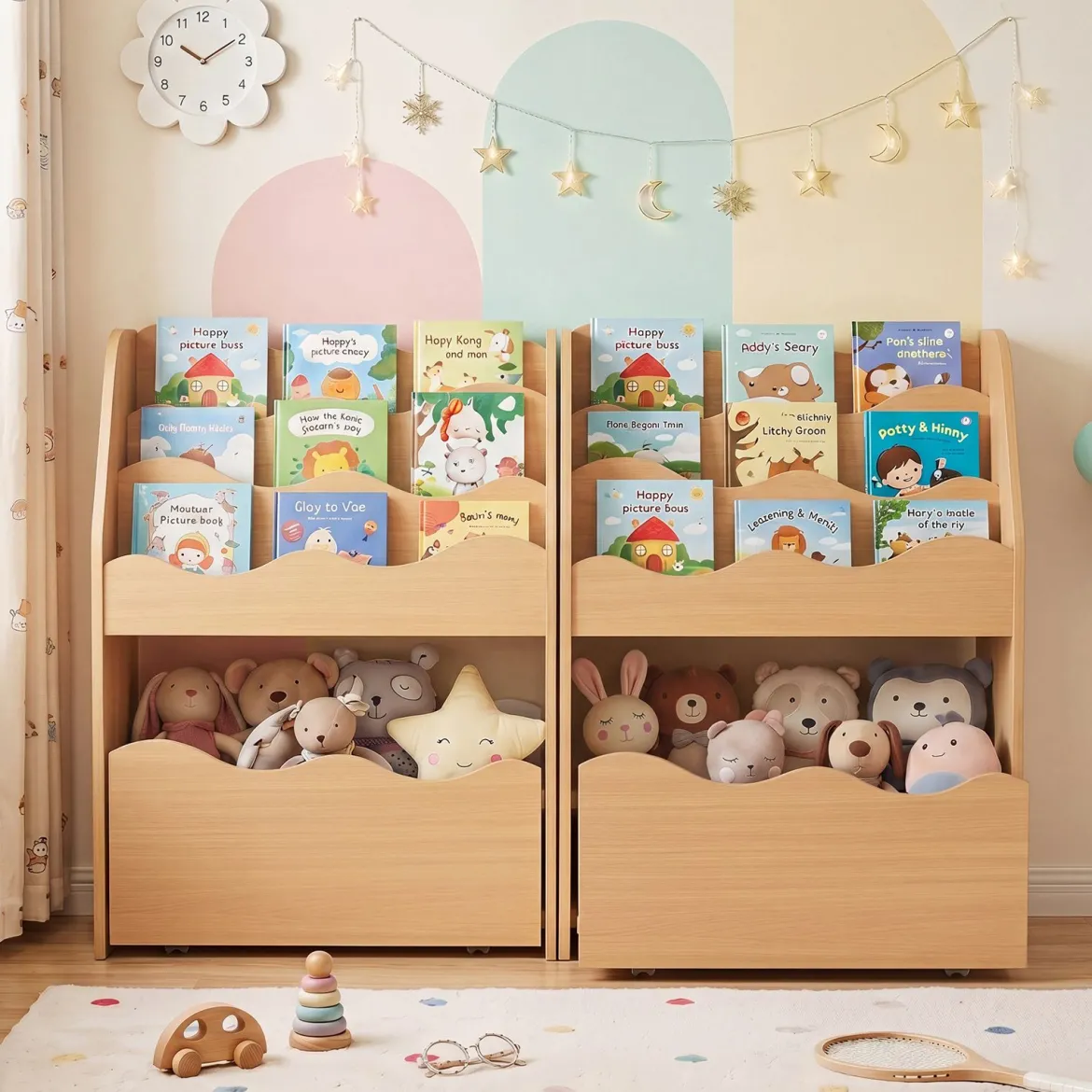 Kinder Bücherregal 3-stufiges Montessori Spielzeugregal aus Holz mit Rollbarer Schublade Natur