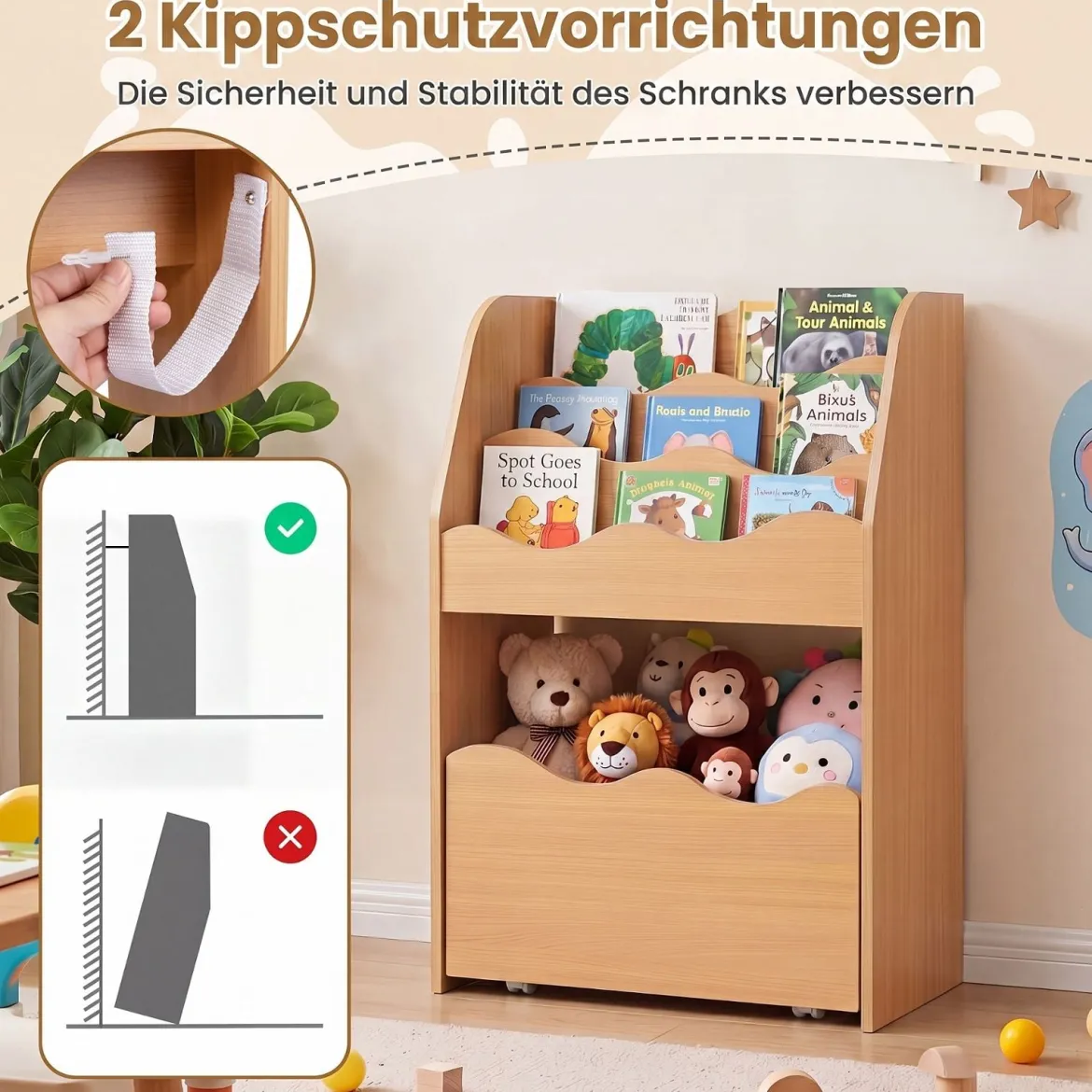 Kinder Bücherregal 3-stufiges Montessori Spielzeugregal aus Holz mit Rollbarer Schublade Natur