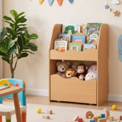 Kinder Bücherregal 3-stufiges Montessori Spielzeugregal aus Holz mit Rollbarer Schublade Natur