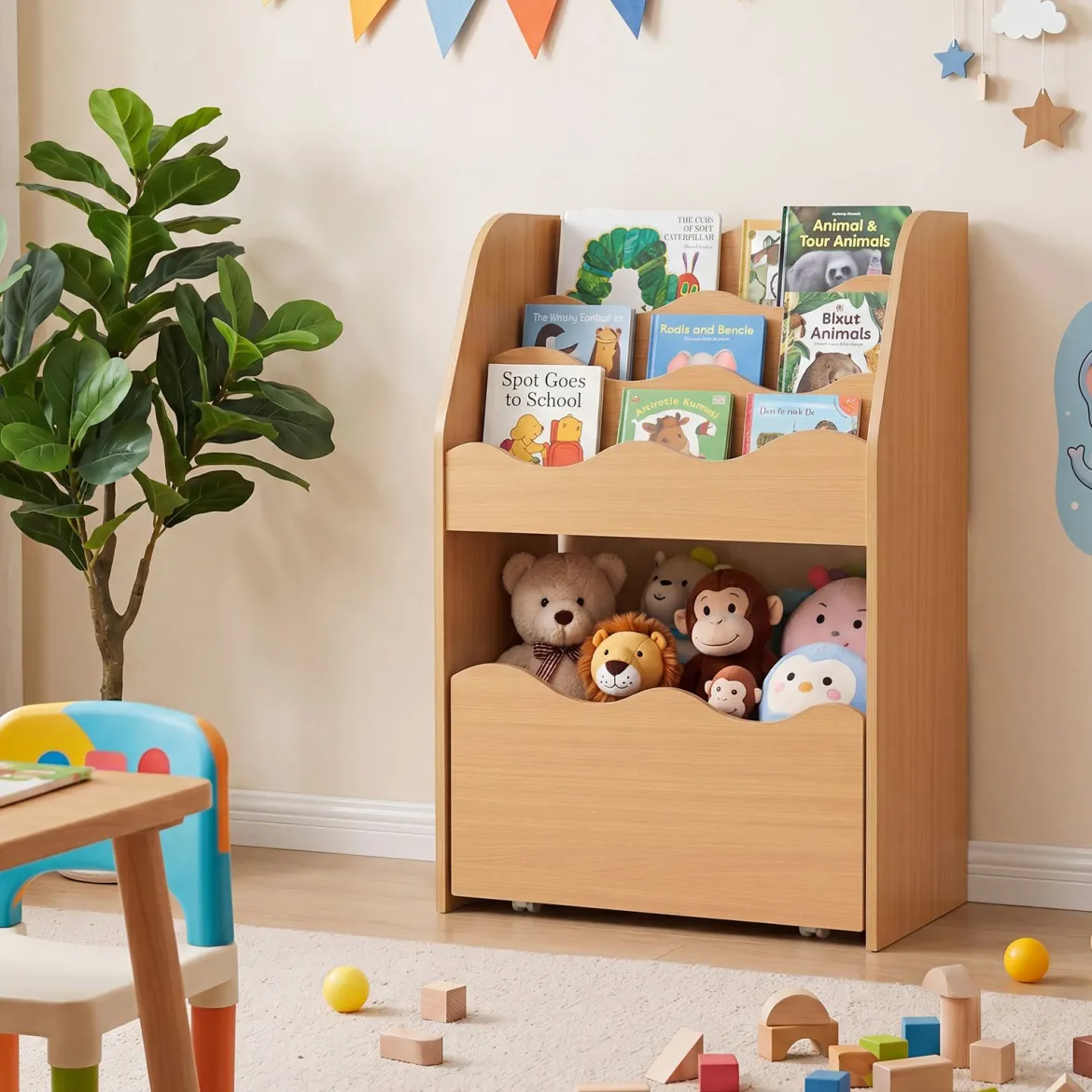 Kinder Bücherregal 3-stufiges Montessori Spielzeugregal aus Holz mit Rollbarer Schublade Natur