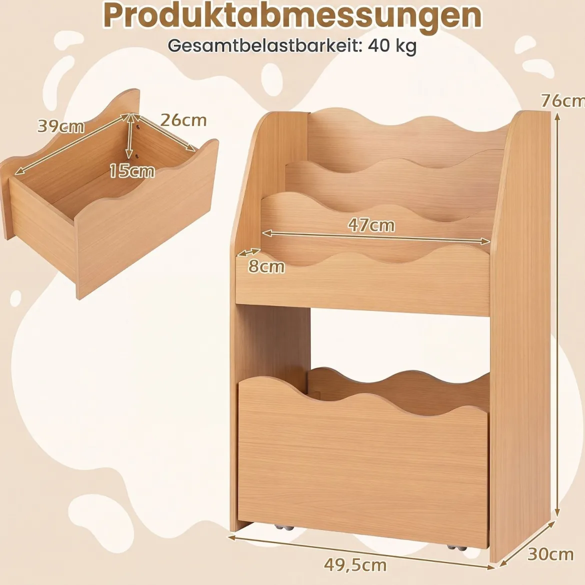 Kinder Bücherregal 3-stufiges Montessori Spielzeugregal aus Holz mit Rollbarer Schublade Natur