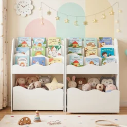 Kinder Bücherregal 3-stufiges Montessori Spielzeugregal aus Holz mit Rollbarer Schublade Weiß