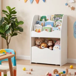 Kinder Bücherregal 3-stufiges Montessori Spielzeugregal aus Holz mit Rollbarer Schublade Weiß