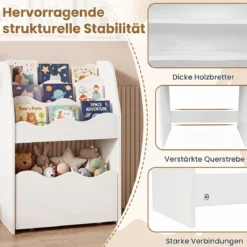 Kinder Bücherregal 3-stufiges Montessori Spielzeugregal aus Holz mit Rollbarer Schublade Weiß