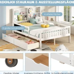 Kinderbett mit 2 Schubladen Bücherregal & Tafel 140 x 200 cm Jugendbett mit Rausfallschutz Weiß