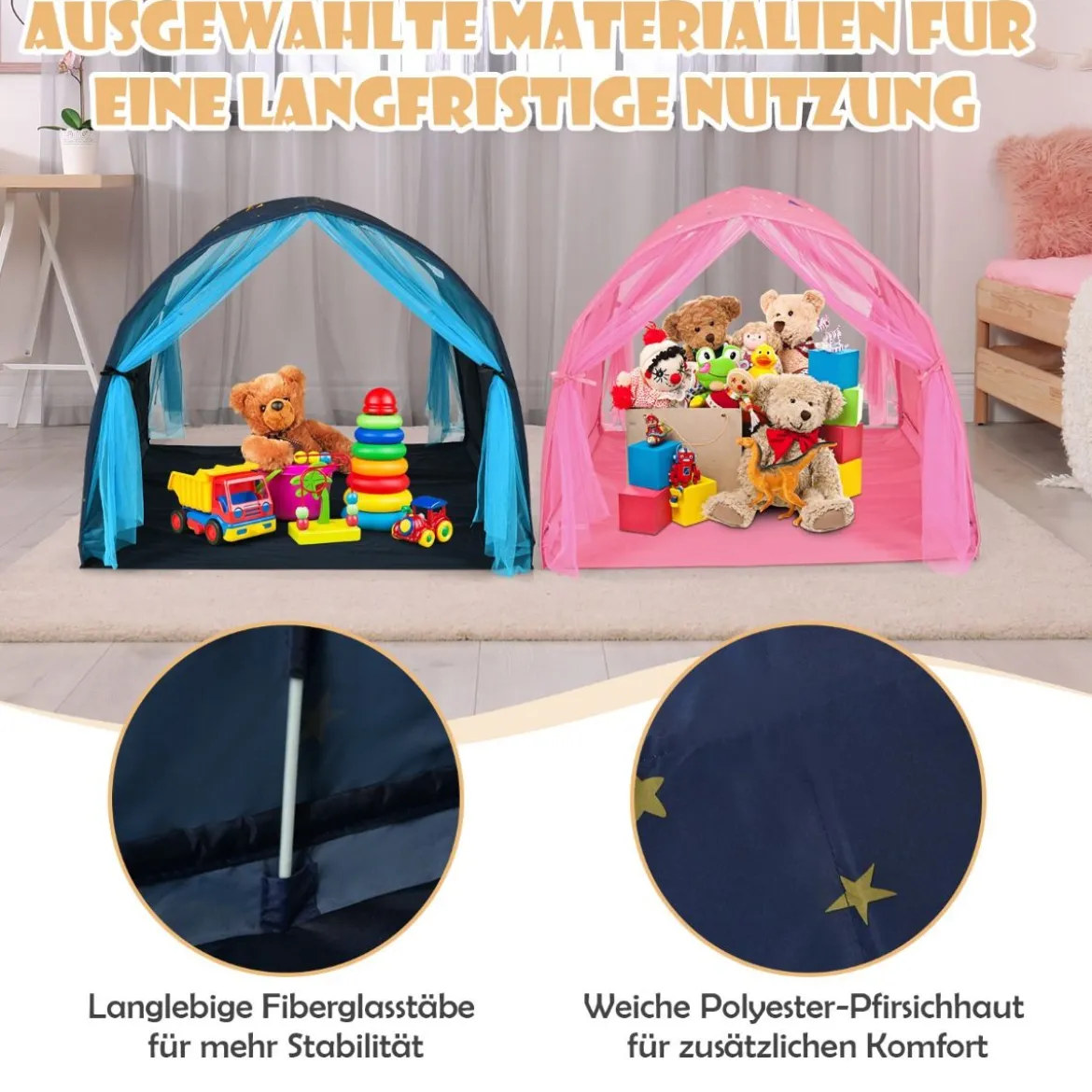 Kinderbett Prinzessin Prinzess Kinderspielhaus Kinderzelt mit Fenster & Tasche & Vorhang Blau