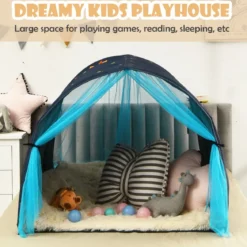Kinderbett Prinzessin Prinzess Kinderspielhaus Kinderzelt mit Fenster & Tasche & Vorhang Blau