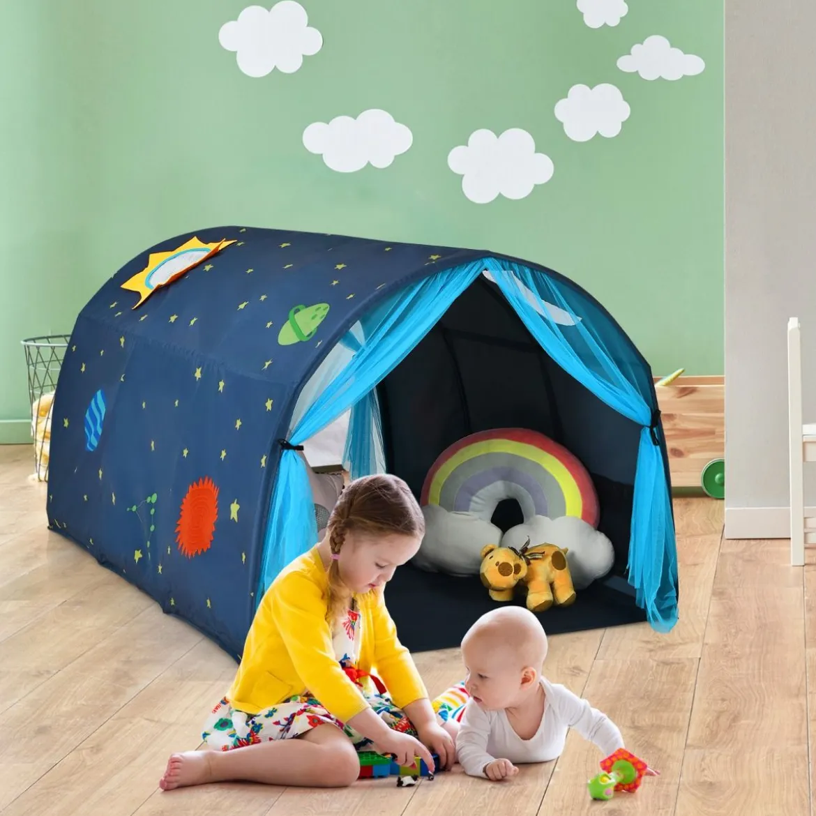 Kinderbett Prinzessin Prinzess Kinderspielhaus Kinderzelt mit Fenster & Tasche & Vorhang Blau