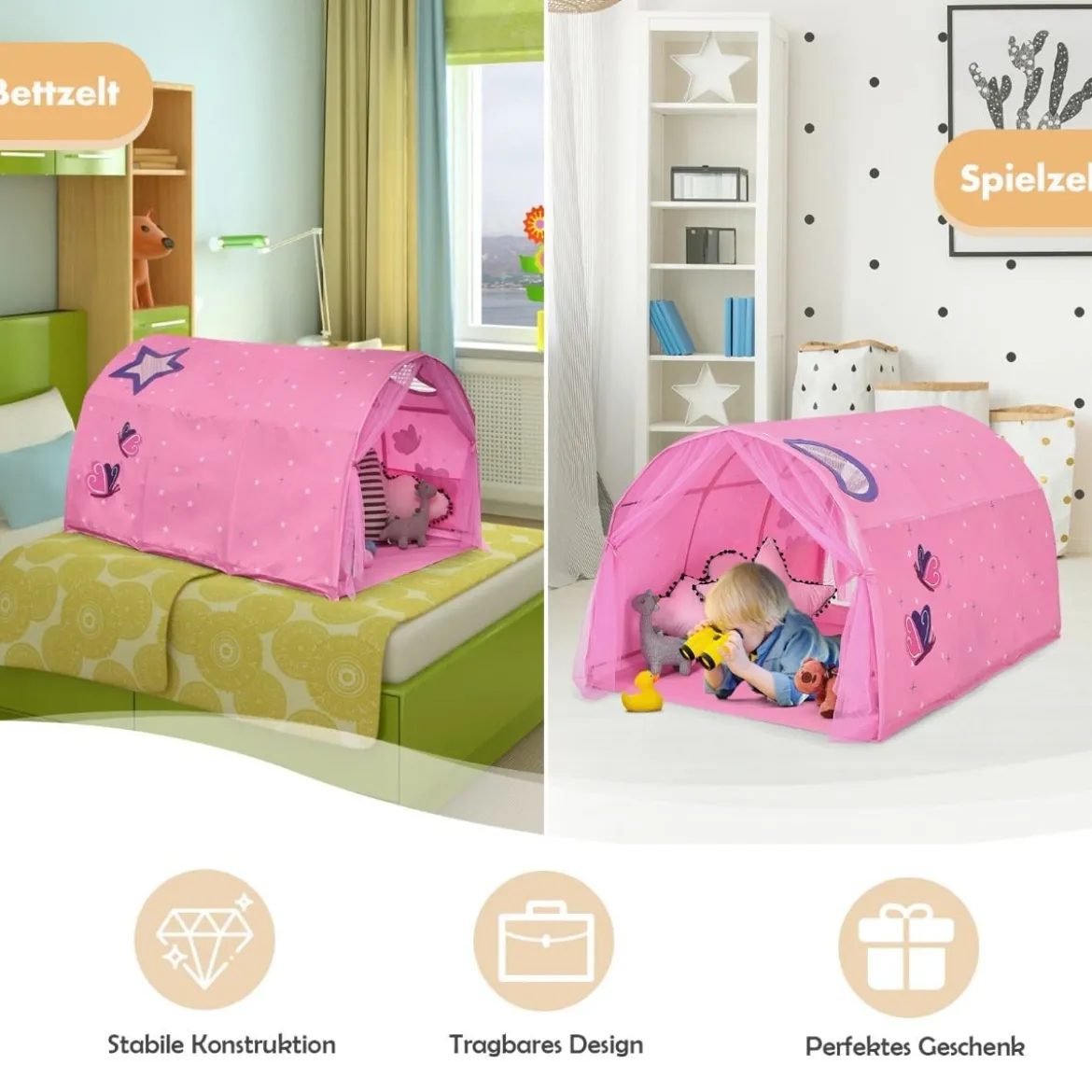 Kinderbett Prinzessin Prinzess Kinderspielhaus Kinderzelt mit Fenster & Tasche & Vorhang Rosa