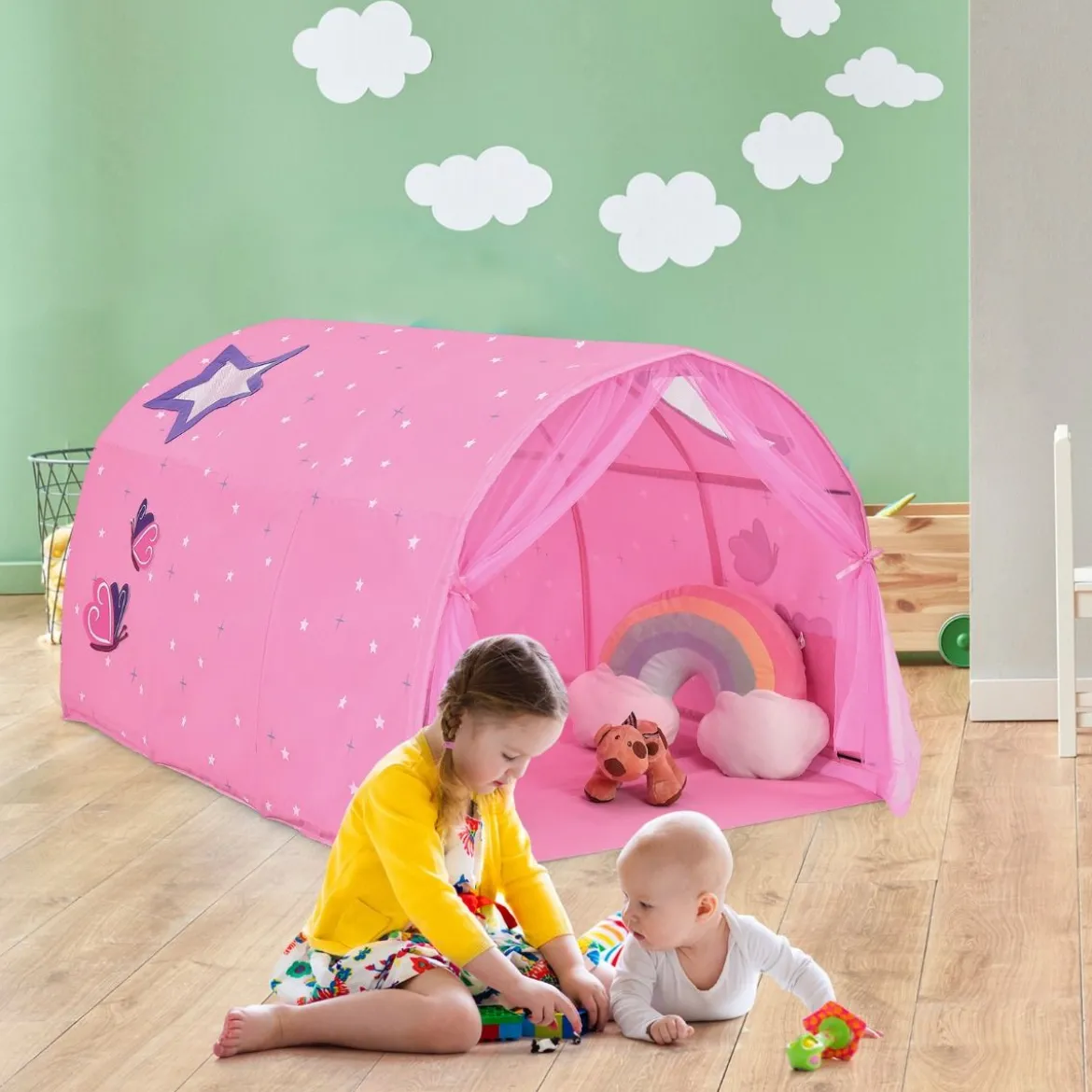 Kinderbett Prinzessin Prinzess Kinderspielhaus Kinderzelt mit Fenster & Tasche & Vorhang Rosa