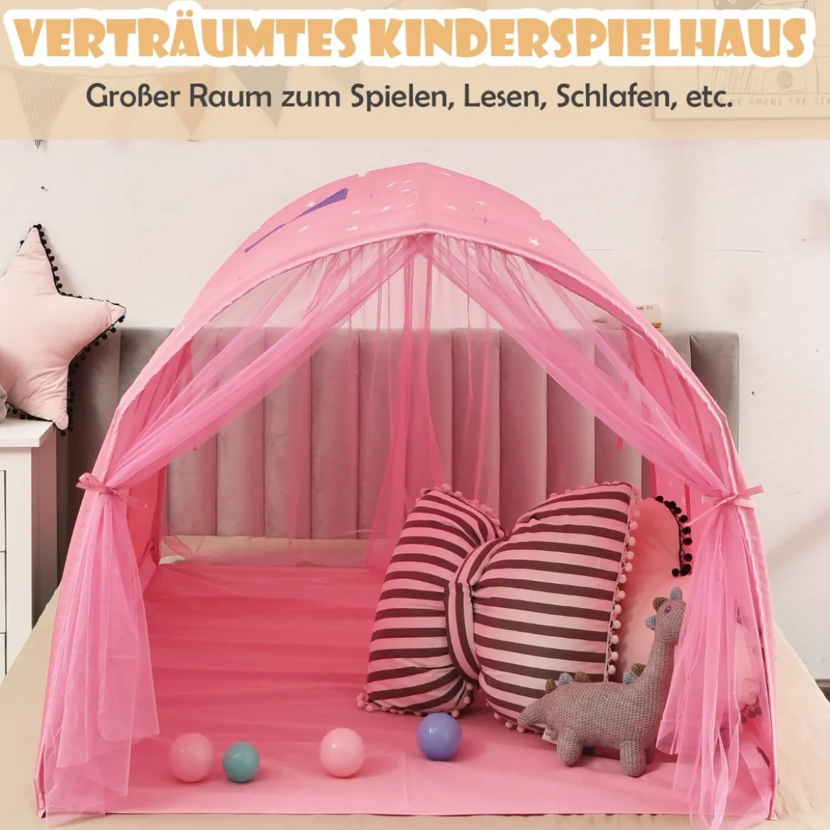 Kinderbett Prinzessin Prinzess Kinderspielhaus Kinderzelt mit Fenster & Tasche & Vorhang Rosa