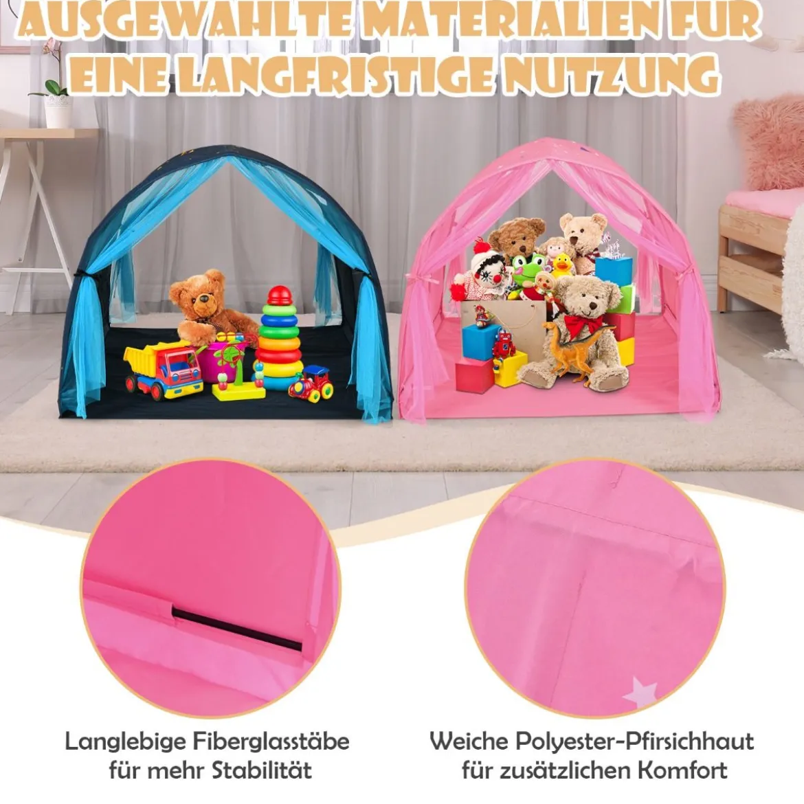 Kinderbett Prinzessin Prinzess Kinderspielhaus Kinderzelt mit Fenster & Tasche & Vorhang Rosa