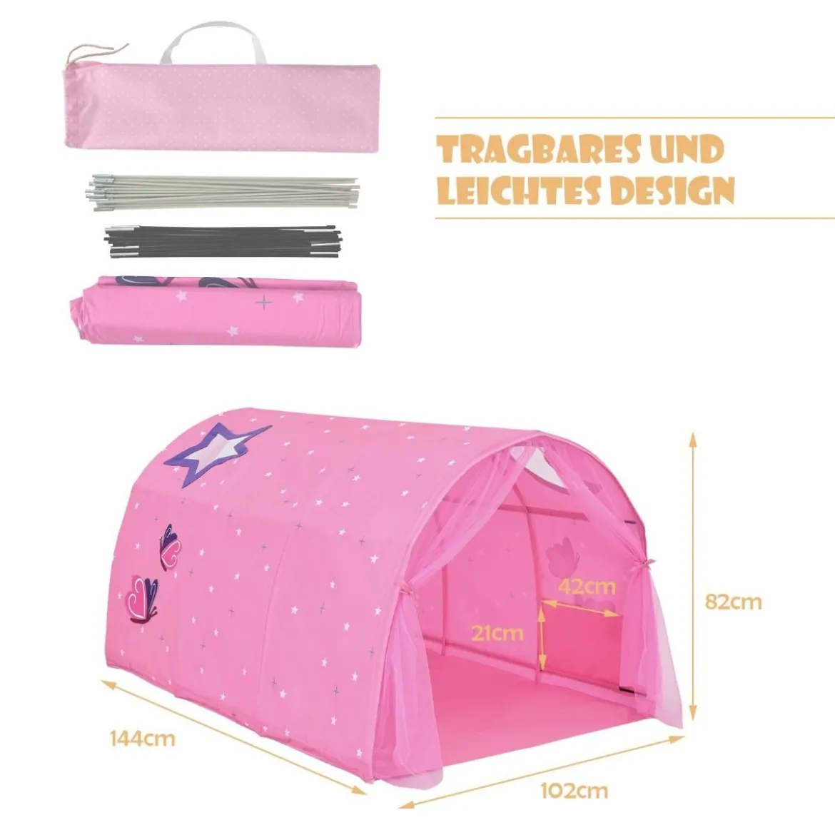 Kinderbett Prinzessin Prinzess Kinderspielhaus Kinderzelt mit Fenster & Tasche & Vorhang Rosa