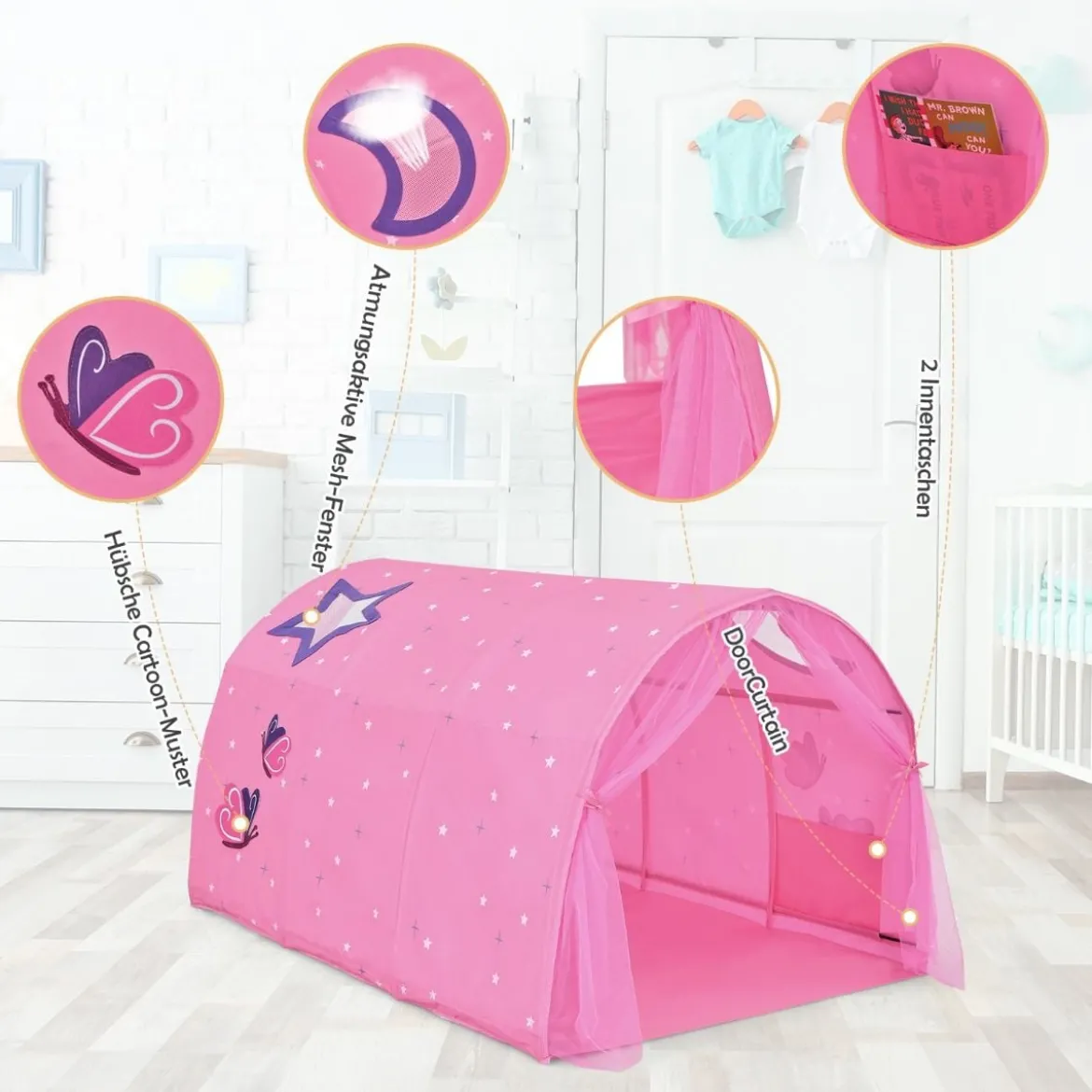 Kinderbett Prinzessin Prinzess Kinderspielhaus Kinderzelt mit Fenster & Tasche & Vorhang Rosa