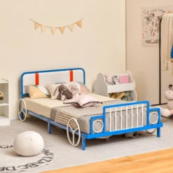 Kinderbettrahmen in Autoform mit Gepolstertem Kopfteil Bettgestell 202 x 98 x 68,5 cm Blau